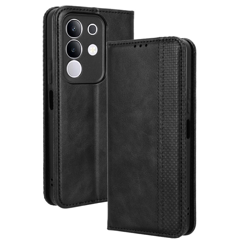 For vivo Y29 4G Retro PU Leather Case Phone Wallet Stand Cover - Black