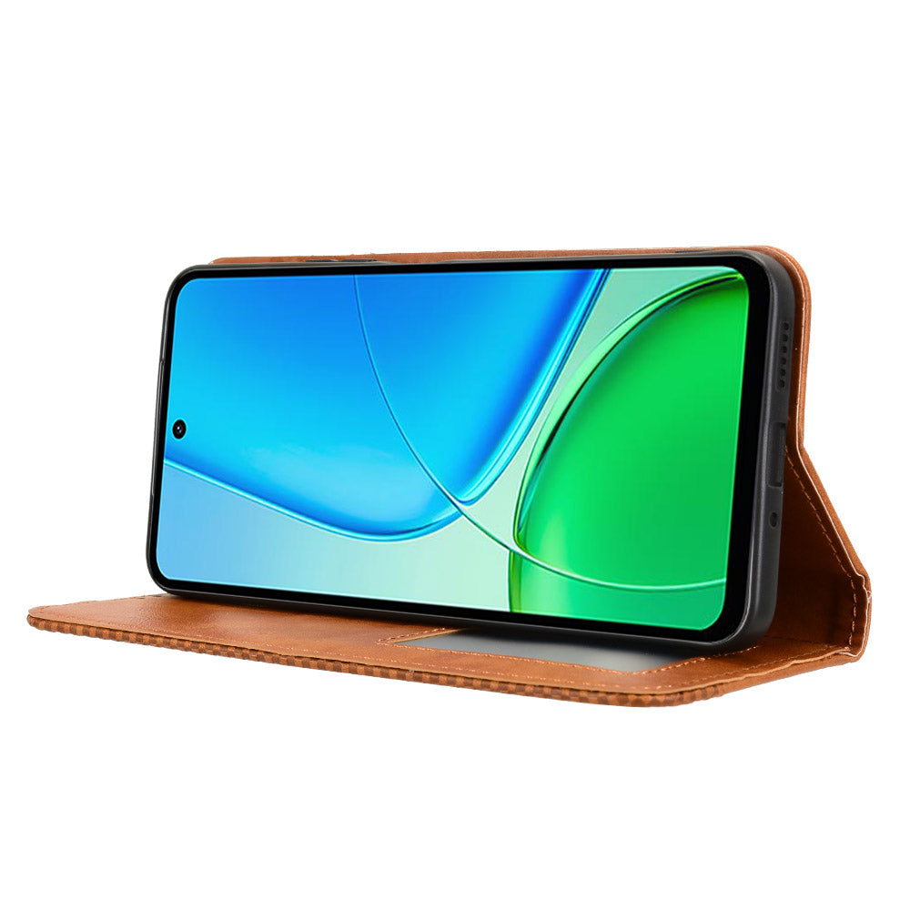 For vivo Y29 4G Retro PU Leather Case Phone Wallet Stand Cover - Brown