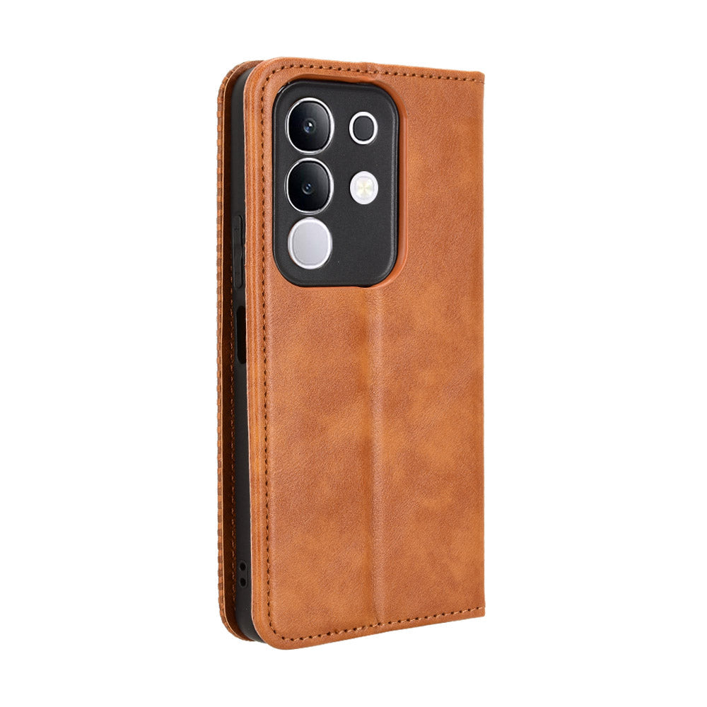 For vivo Y29 4G Retro PU Leather Case Phone Wallet Stand Cover - Brown