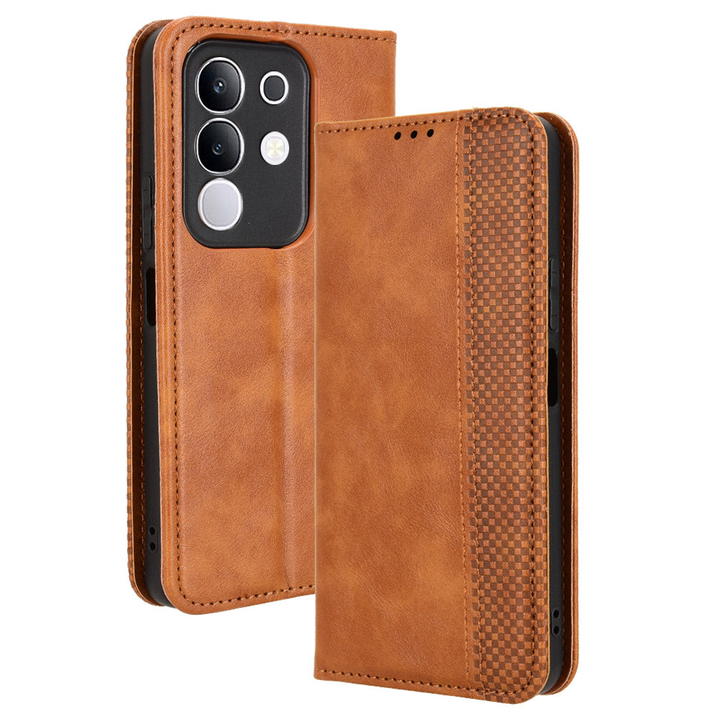 For vivo Y29 4G Retro PU Leather Case Phone Wallet Stand Cover - Brown