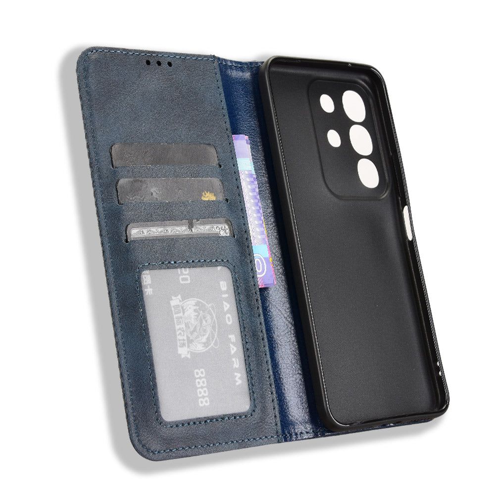 For vivo Y29 4G Retro PU Leather Case Phone Wallet Stand Cover - Blue