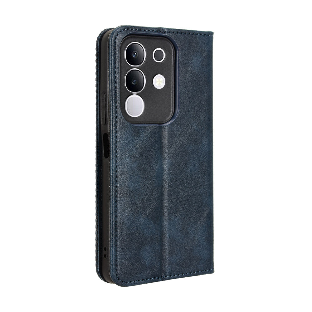 For vivo Y29 4G Retro PU Leather Case Phone Wallet Stand Cover - Blue