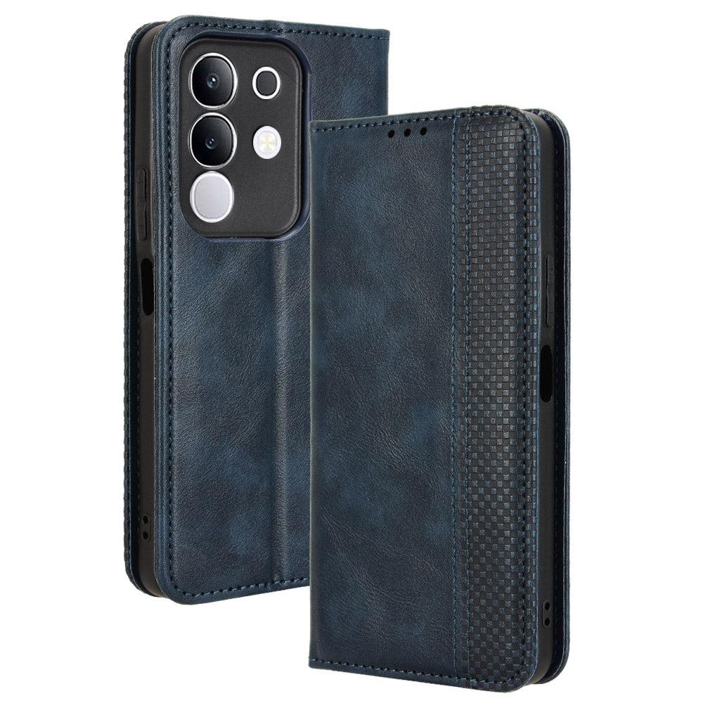 For vivo Y29 4G Retro PU Leather Case Phone Wallet Stand Cover - Blue