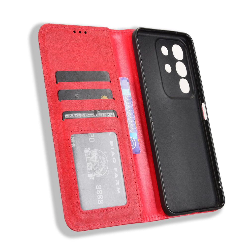 For vivo Y29 4G Retro PU Leather Case Phone Wallet Stand Cover - Red