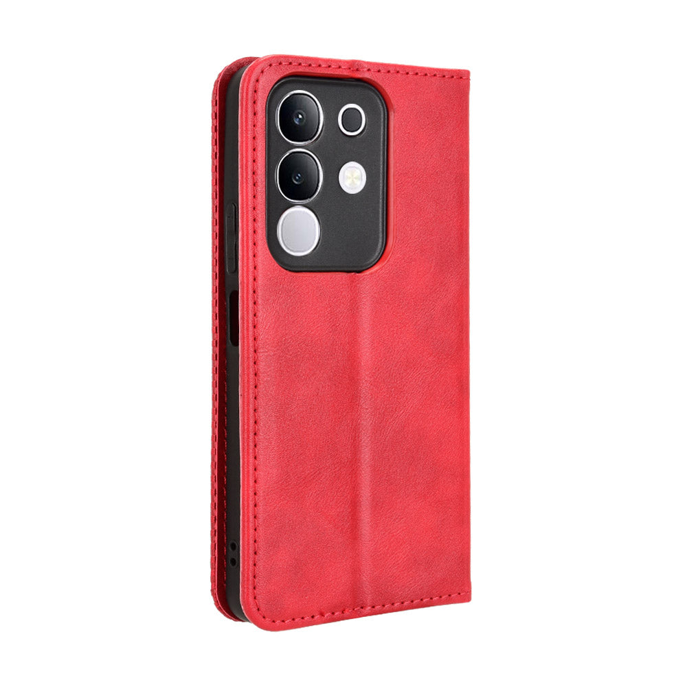 For vivo Y29 4G Retro PU Leather Case Phone Wallet Stand Cover - Red