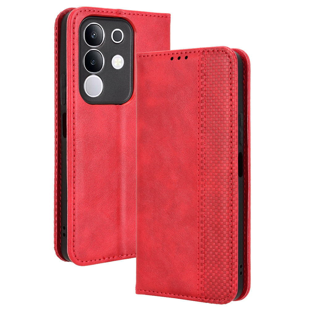 For vivo Y29 4G Retro PU Leather Case Phone Wallet Stand Cover - Red
