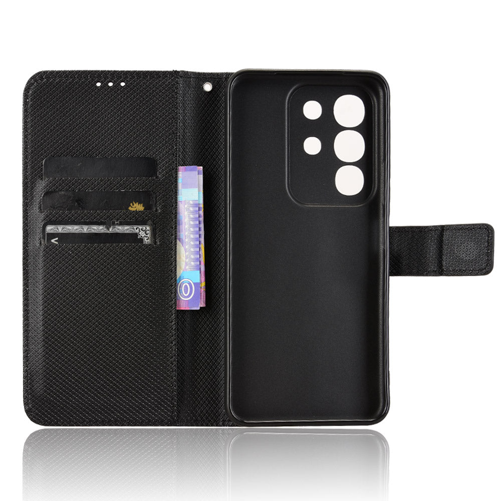 For vivo Y29 4G Leather Wallet Case with Strap Diamond Texture Phone Cover - Black