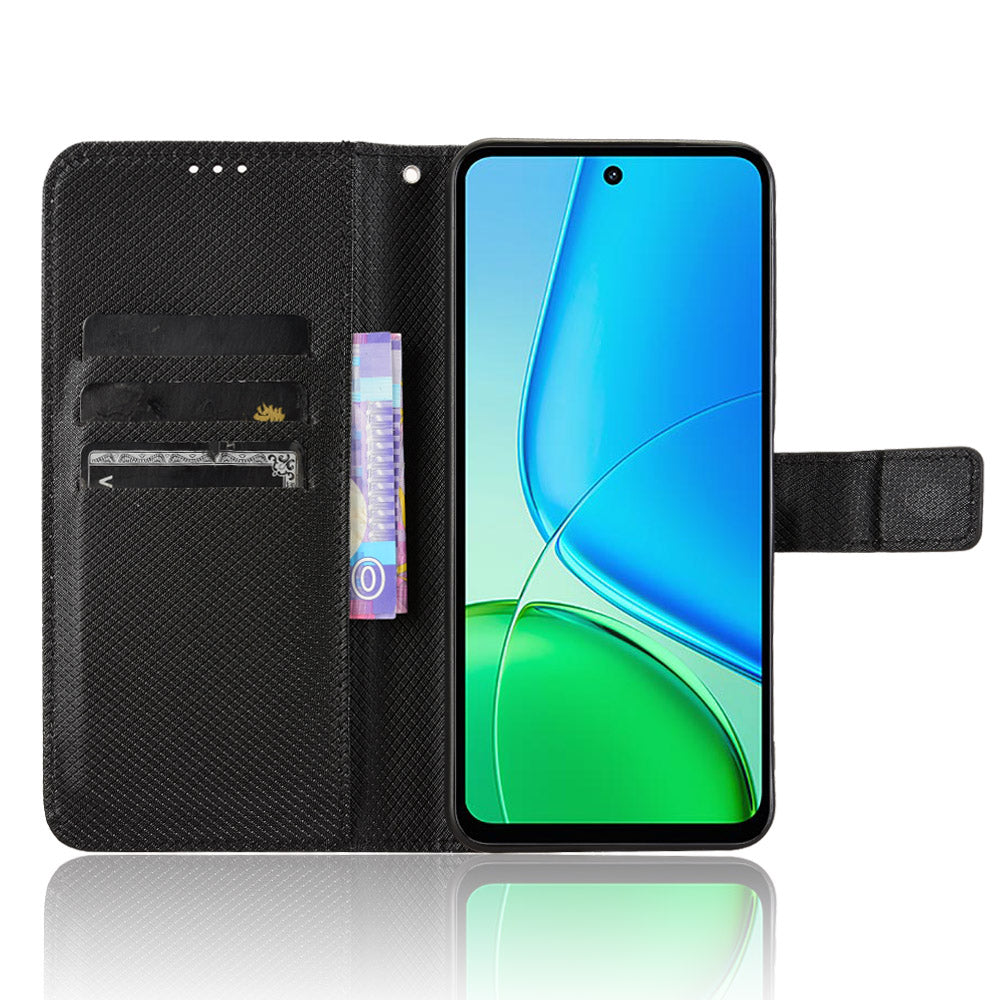 For vivo Y29 4G Leather Wallet Case with Strap Diamond Texture Phone Cover - Black