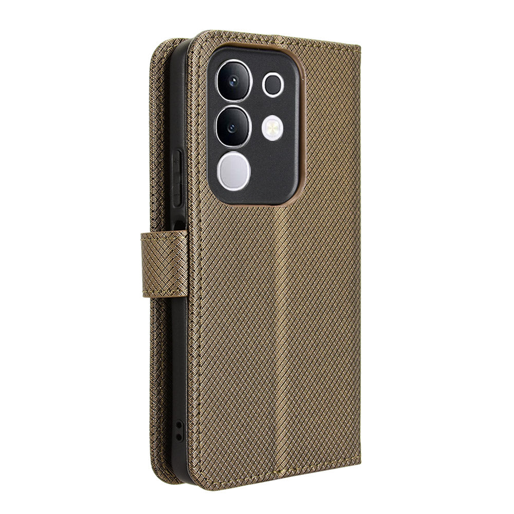 For vivo Y29 4G Leather Wallet Case with Strap Diamond Texture Phone Cover - Brown