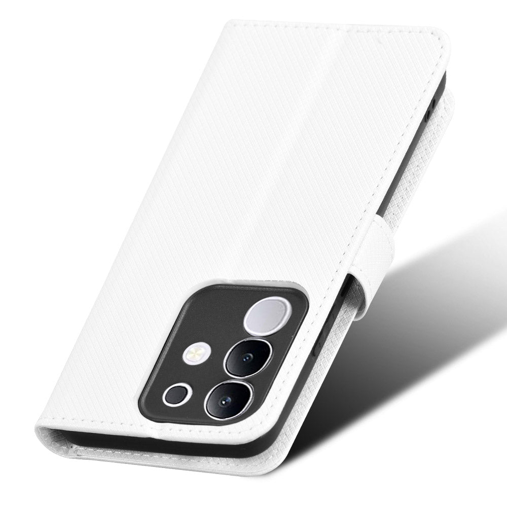 For vivo Y29 4G Leather Wallet Case with Strap Diamond Texture Phone Cover - White