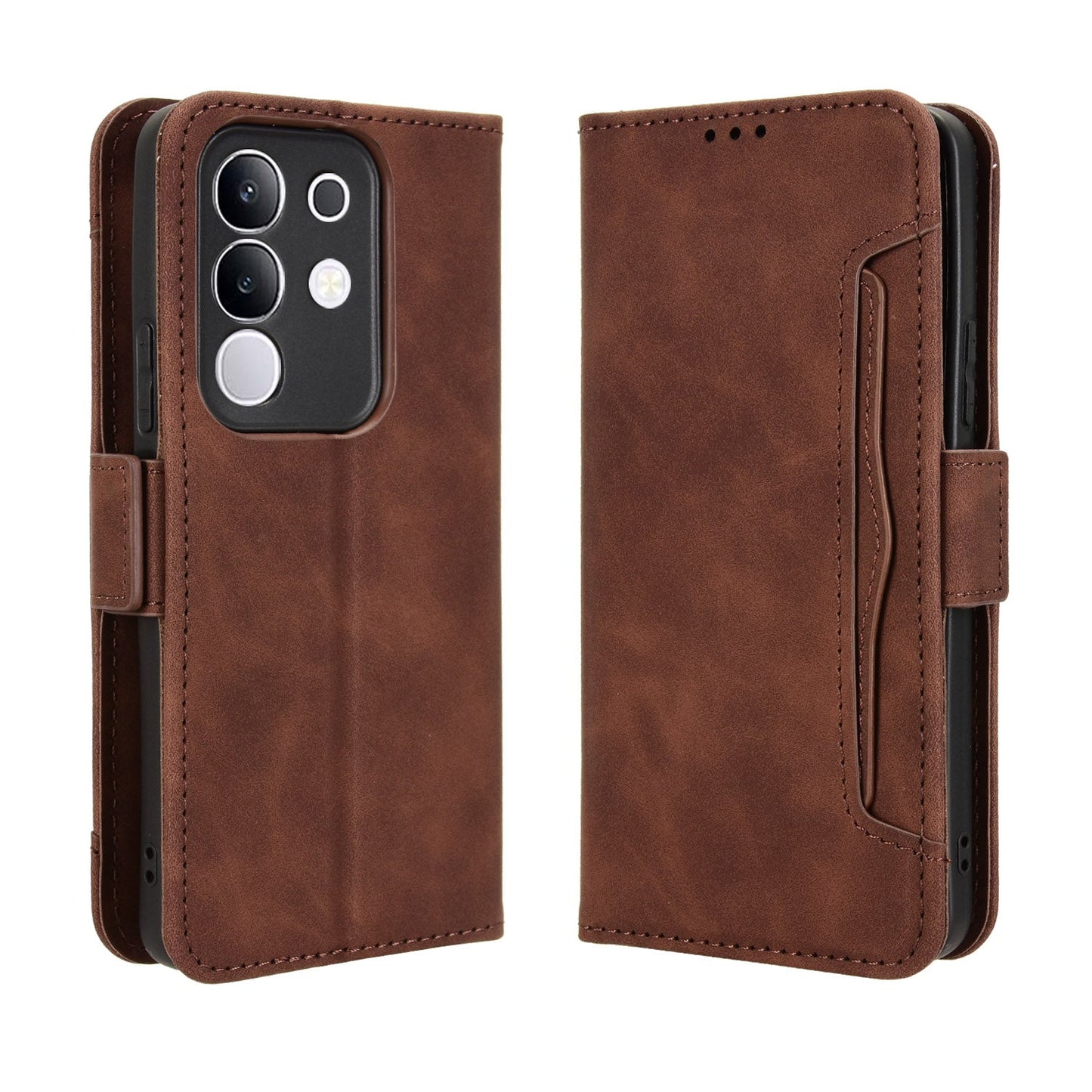 For vivo Y29 4G Leather Case Phone Wallet Cover with Multiple Card Slots - Brown