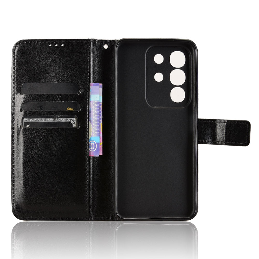 For vivo Y29 4G PU Leather Case with Strap Crazy Horse Texture Phone Wallet Cover - Black
