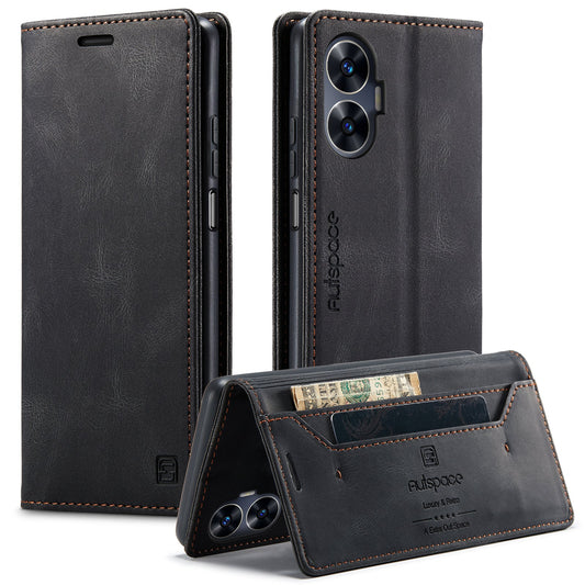 For Realme C55 4G Wallet Case AUTSPACE A01 Leather Stand Cover with RFID Blocking Card Holder - Black