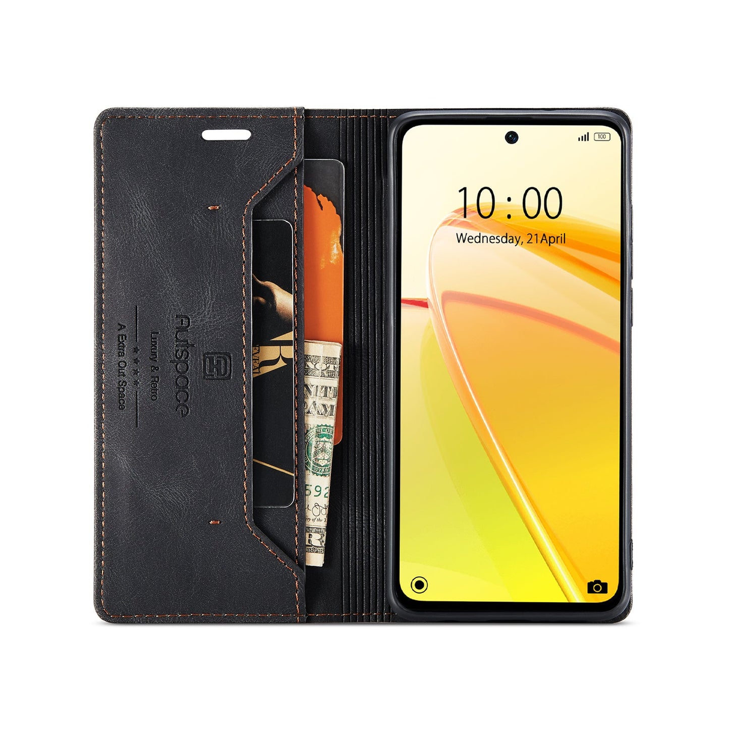 For Realme C55 4G Wallet Case AUTSPACE A01 Leather Stand Cover with RFID Blocking Card Holder - Black