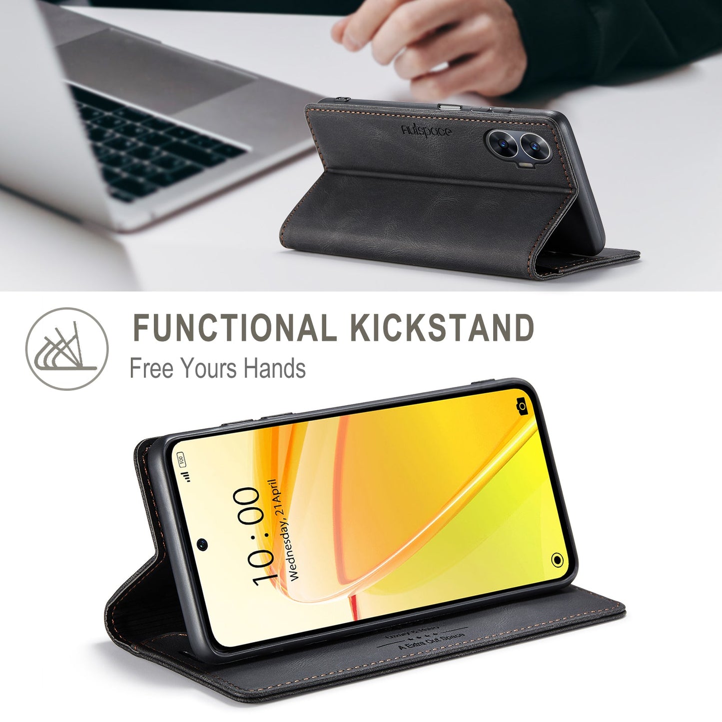 For Realme C55 4G Wallet Case AUTSPACE A01 Leather Stand Cover with RFID Blocking Card Holder - Black