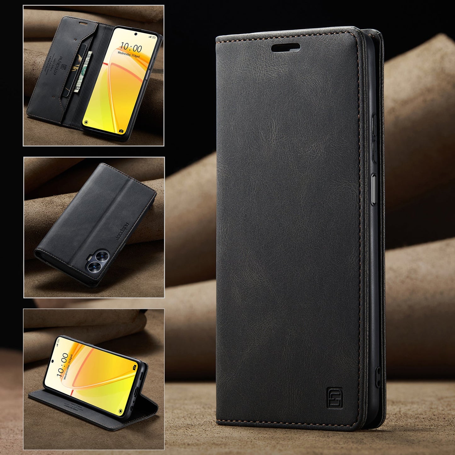For Realme C55 4G Wallet Case AUTSPACE A01 Leather Stand Cover with RFID Blocking Card Holder - Black