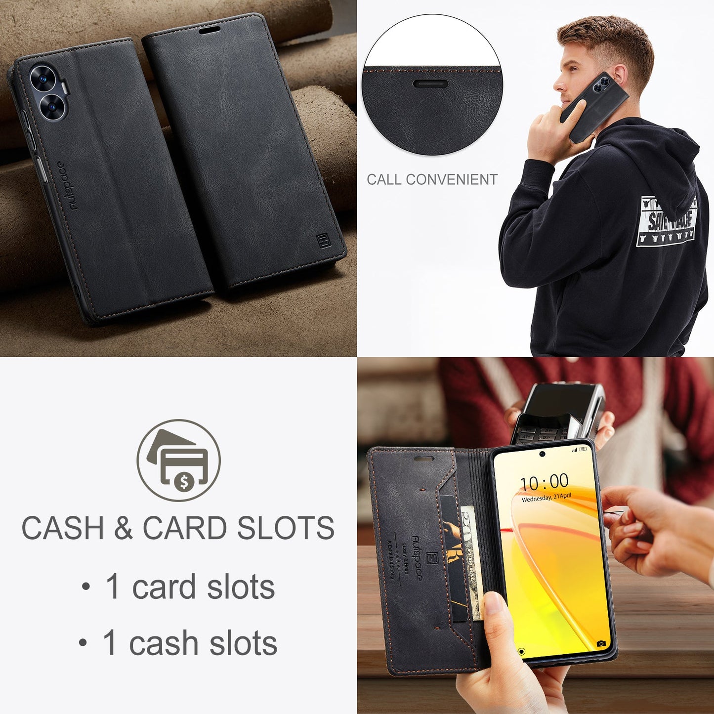 For Realme C55 4G Wallet Case AUTSPACE A01 Leather Stand Cover with RFID Blocking Card Holder - Black