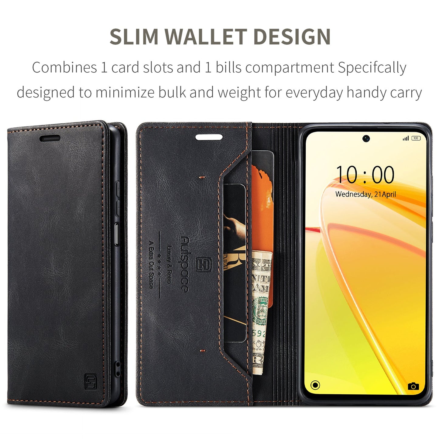 For Realme C55 4G Wallet Case AUTSPACE A01 Leather Stand Cover with RFID Blocking Card Holder - Black