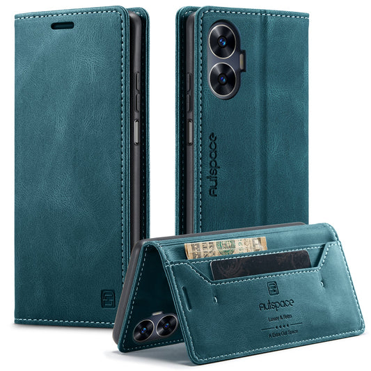 For Realme C55 4G Wallet Case AUTSPACE A01 Leather Stand Cover with RFID Blocking Card Holder - Blue