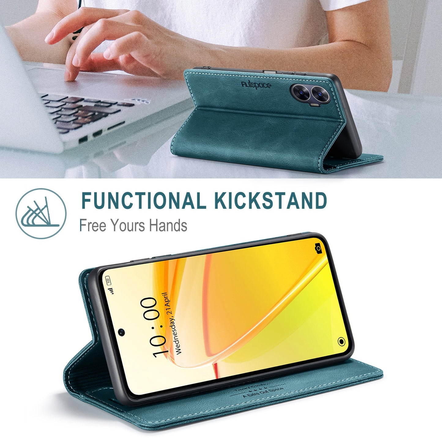 For Realme C55 4G Wallet Case AUTSPACE A01 Leather Stand Cover with RFID Blocking Card Holder - Blue