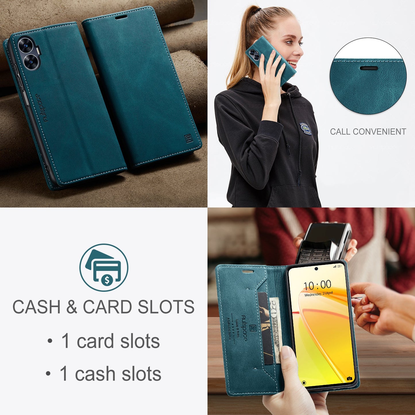 For Realme C55 4G Wallet Case AUTSPACE A01 Leather Stand Cover with RFID Blocking Card Holder - Blue