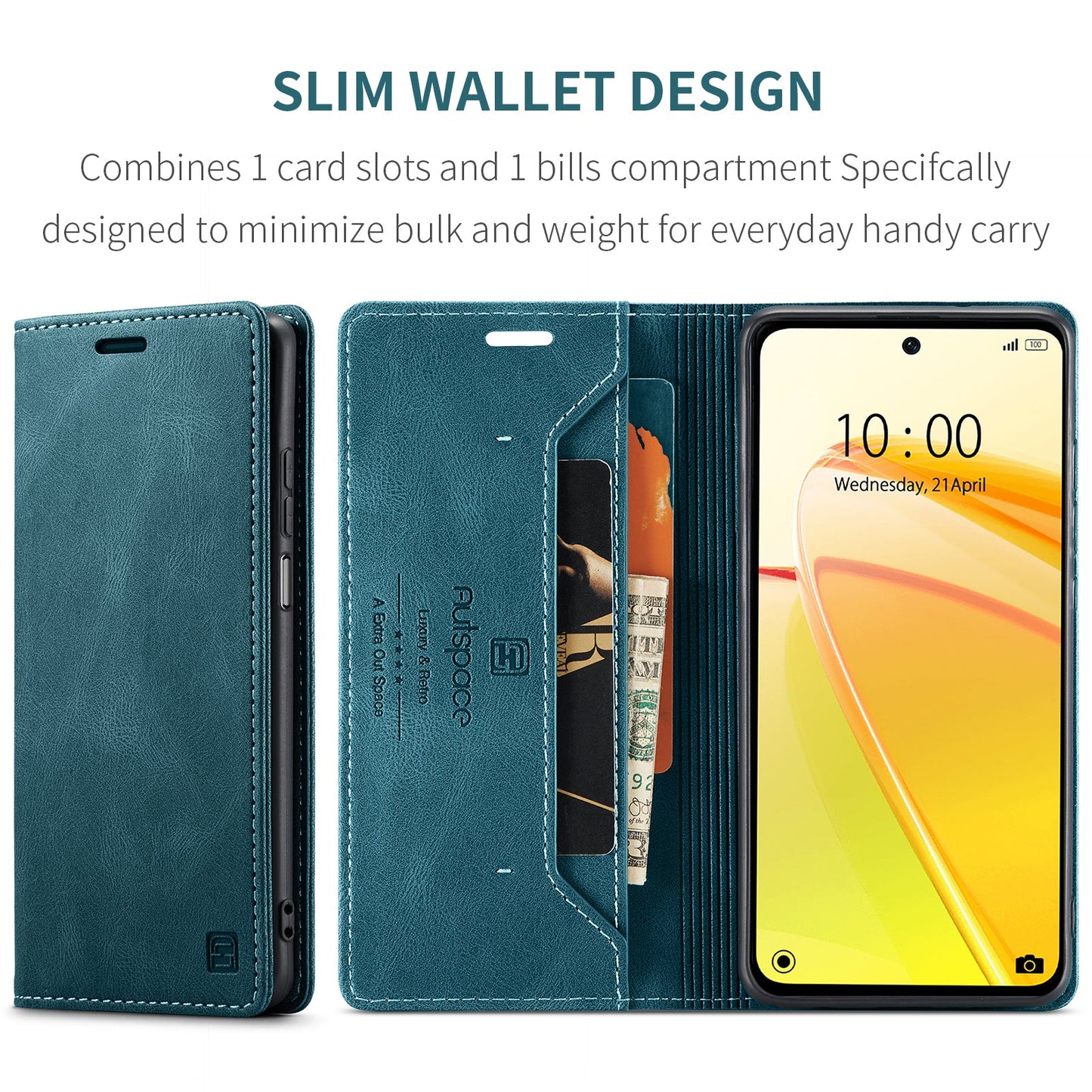For Realme C55 4G Wallet Case AUTSPACE A01 Leather Stand Cover with RFID Blocking Card Holder - Blue