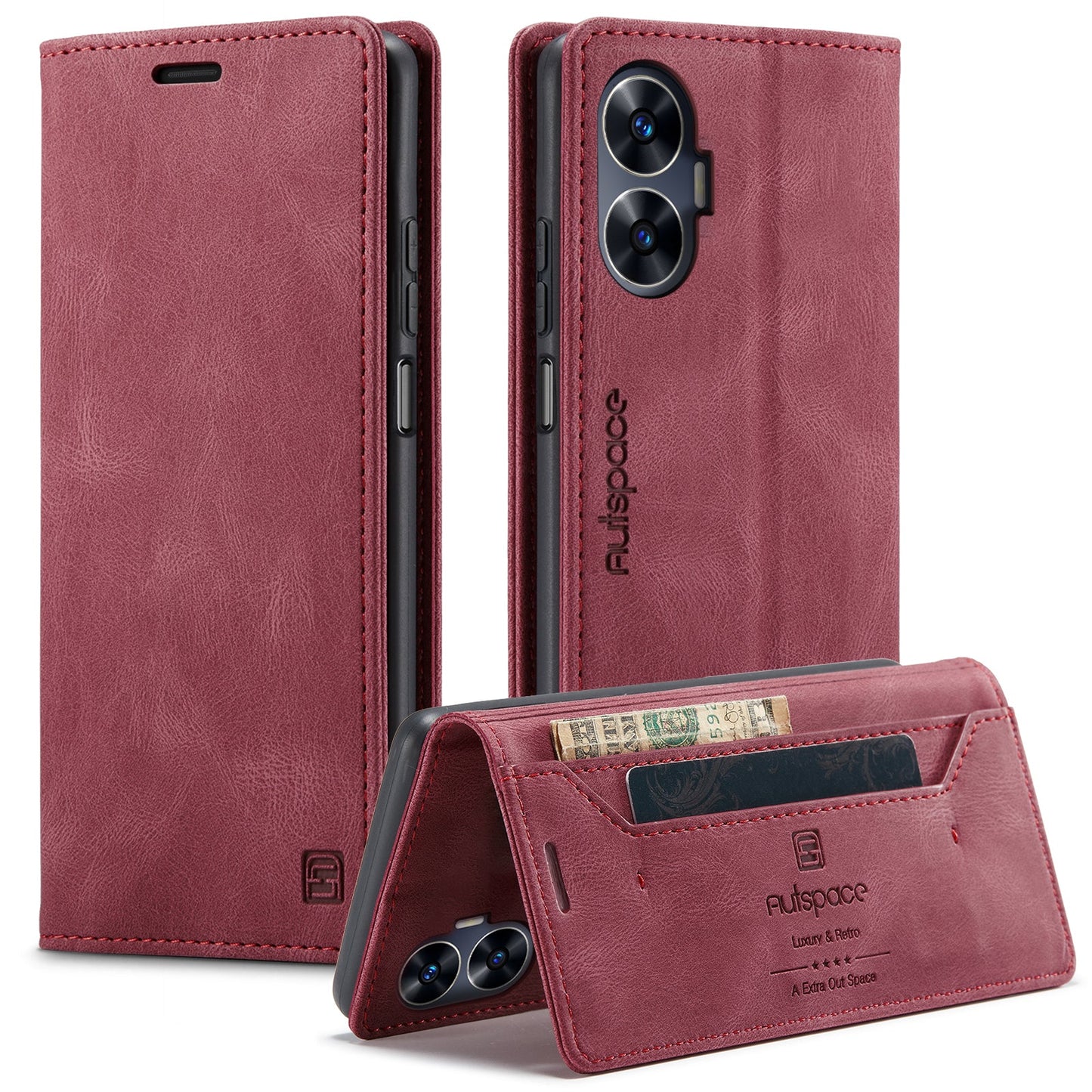 For Realme C55 4G Wallet Case AUTSPACE A01 Leather Stand Cover with RFID Blocking Card Holder - Red