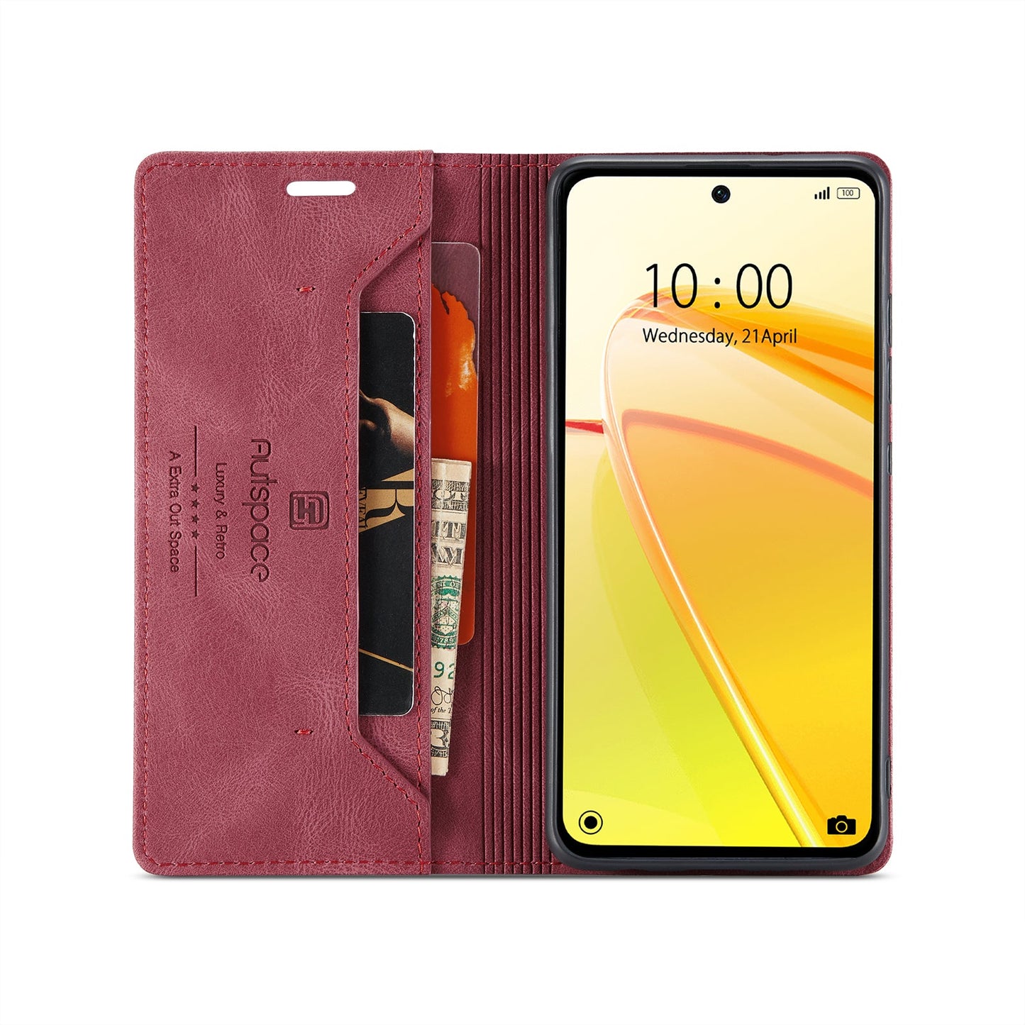 For Realme C55 4G Wallet Case AUTSPACE A01 Leather Stand Cover with RFID Blocking Card Holder - Red