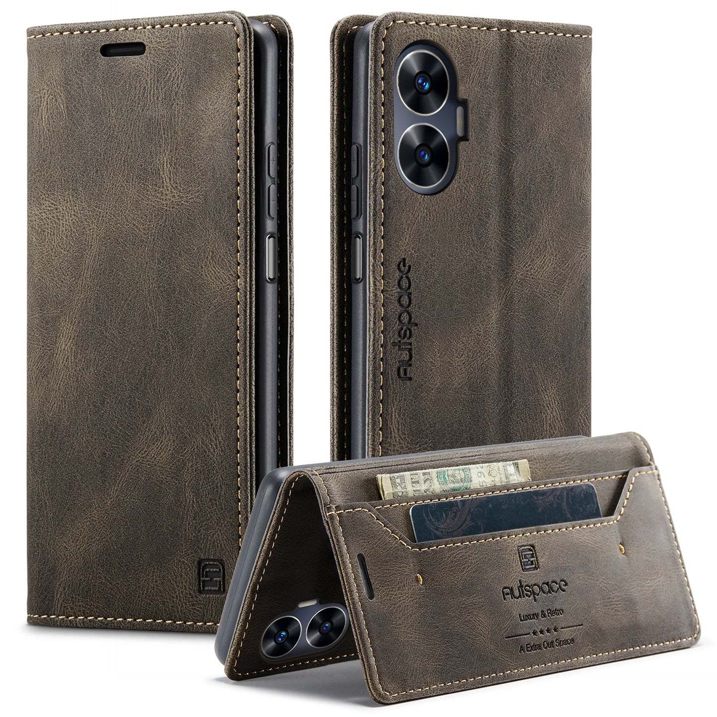 For Realme C55 4G Wallet Case AUTSPACE A01 Leather Stand Cover with RFID Blocking Card Holder - Coffee