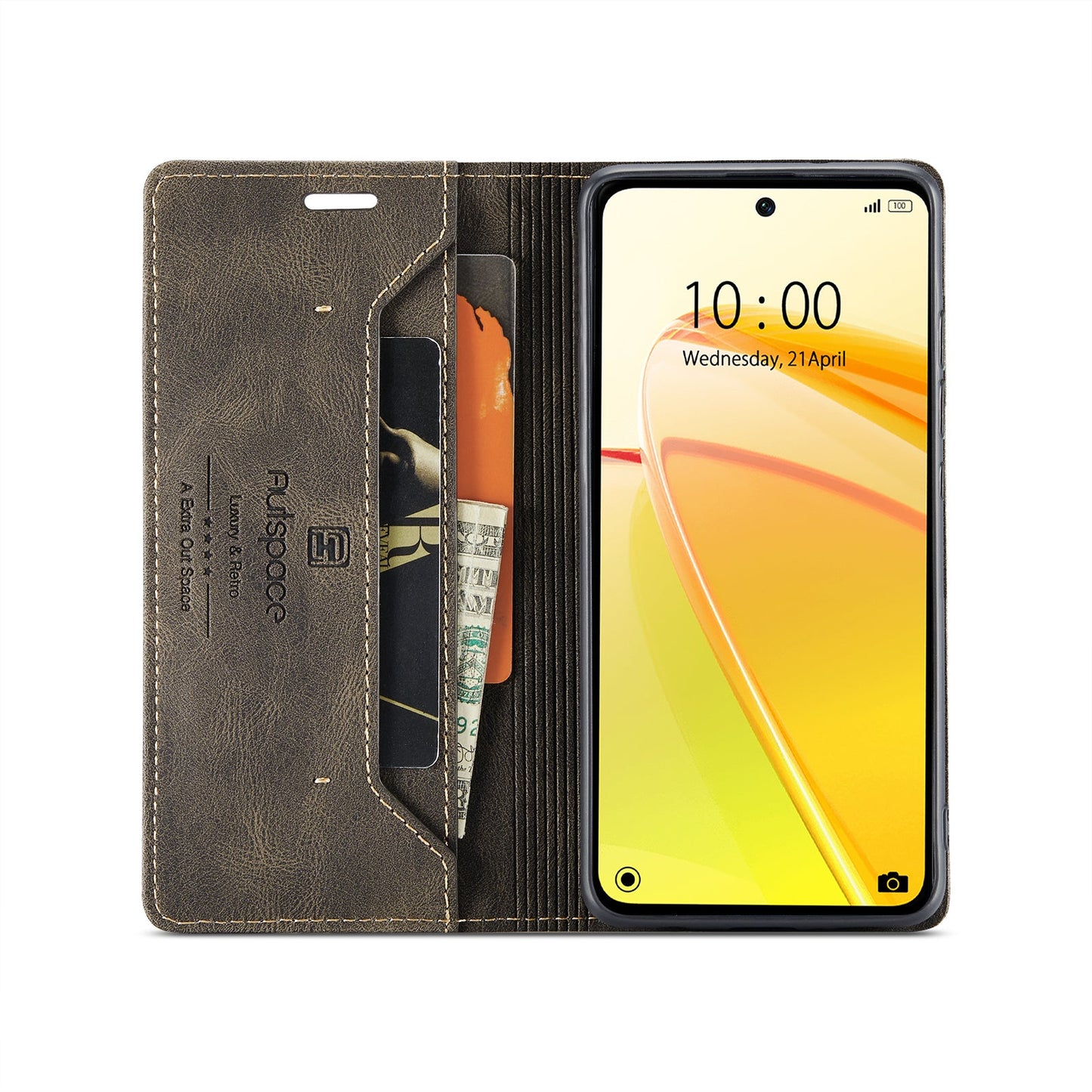 For Realme C55 4G Wallet Case AUTSPACE A01 Leather Stand Cover with RFID Blocking Card Holder - Coffee