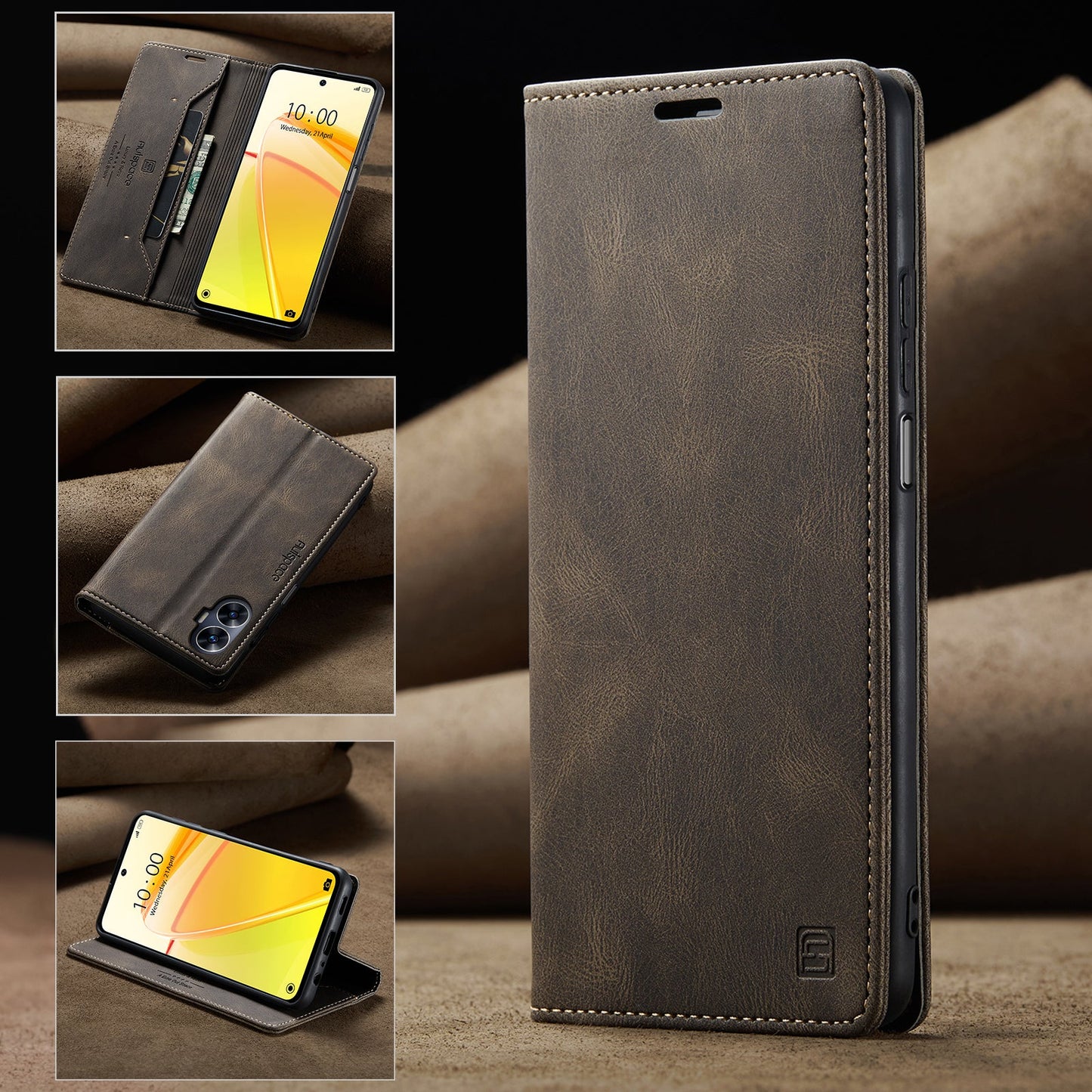 For Realme C55 4G Wallet Case AUTSPACE A01 Leather Stand Cover with RFID Blocking Card Holder - Coffee