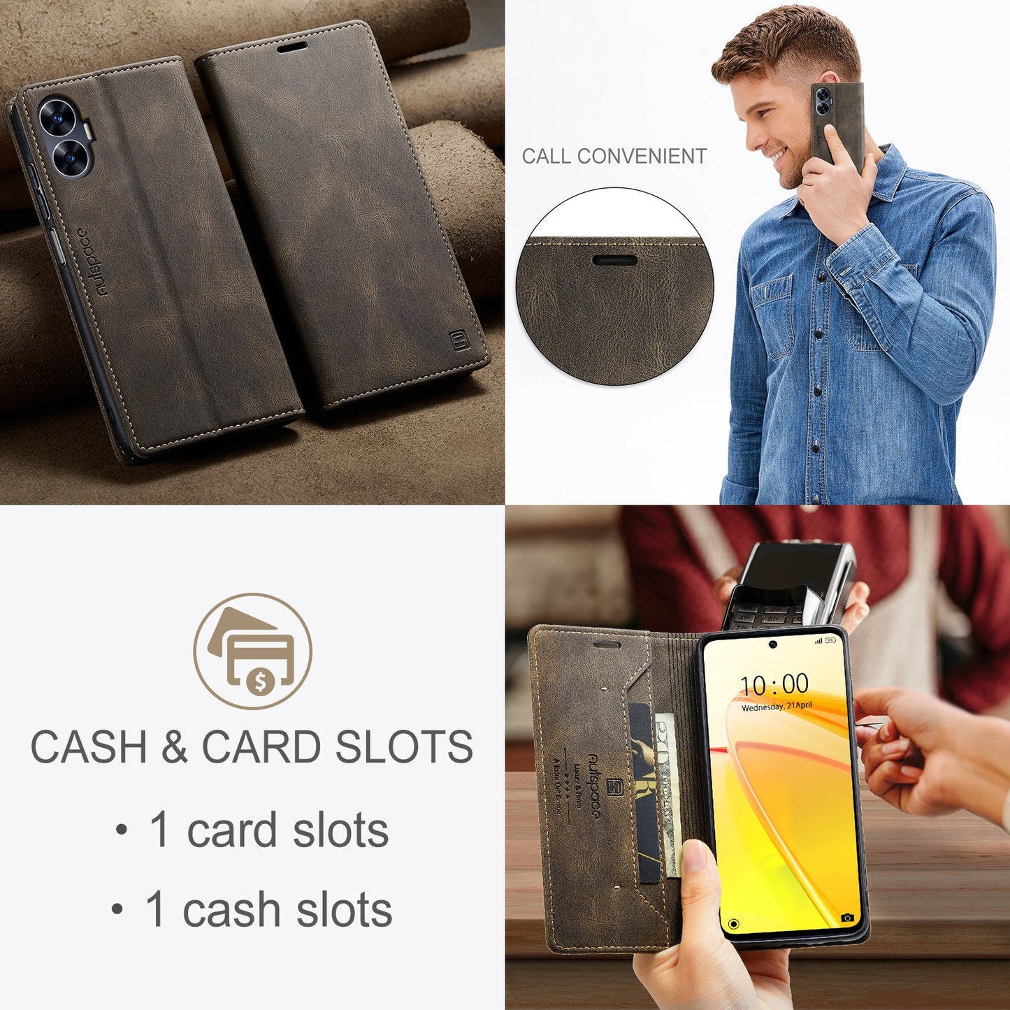 For Realme C55 4G Wallet Case AUTSPACE A01 Leather Stand Cover with RFID Blocking Card Holder - Coffee