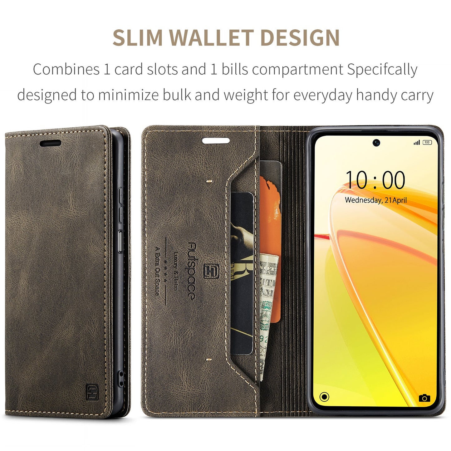 For Realme C55 4G Wallet Case AUTSPACE A01 Leather Stand Cover with RFID Blocking Card Holder - Coffee