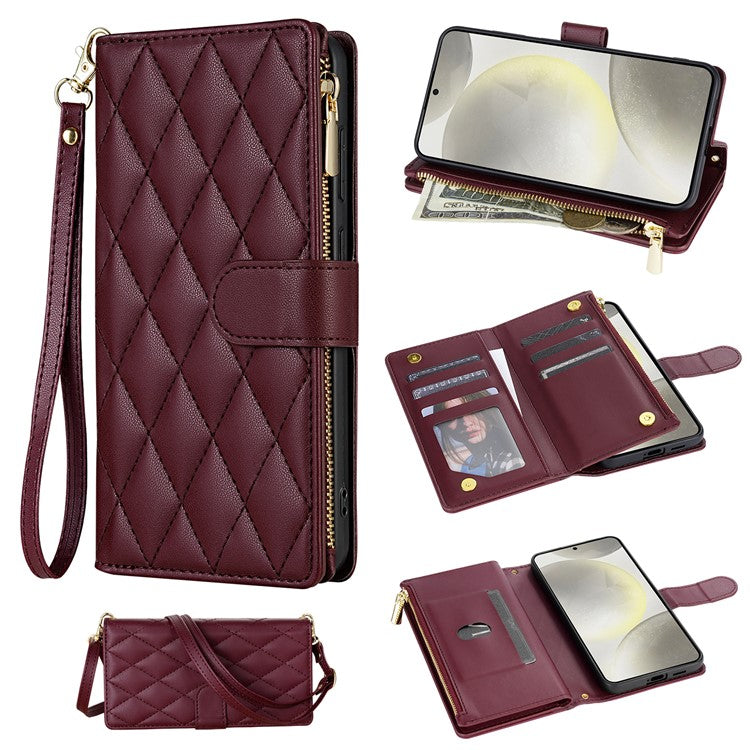 For Samsung Galaxy S25 Edge Case Rhombus Stitching Leather Wallet Phone Cover with Long  /  Short Strap - Wine Red
