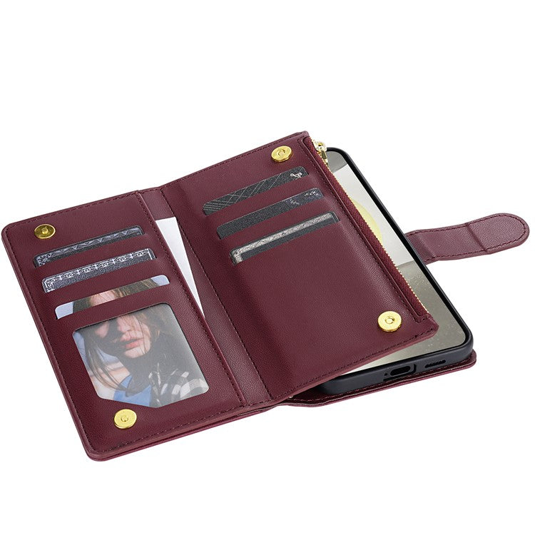 For Samsung Galaxy S25 Edge Case Rhombus Stitching Leather Wallet Phone Cover with Long  /  Short Strap - Wine Red