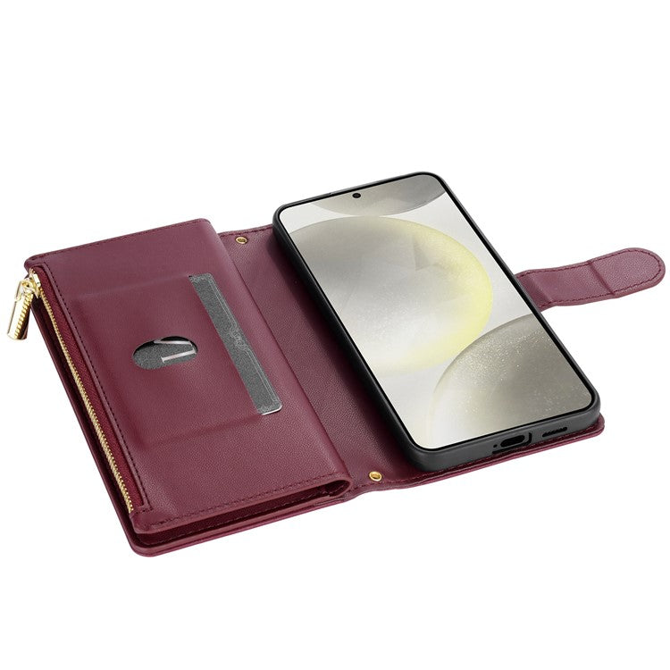 For Samsung Galaxy S25 Edge Case Rhombus Stitching Leather Wallet Phone Cover with Long  /  Short Strap - Wine Red