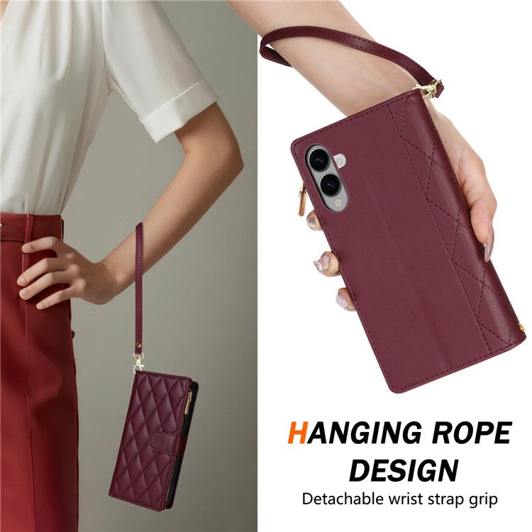 For Samsung Galaxy S25 Edge Case Rhombus Stitching Leather Wallet Phone Cover with Long  /  Short Strap - Wine Red