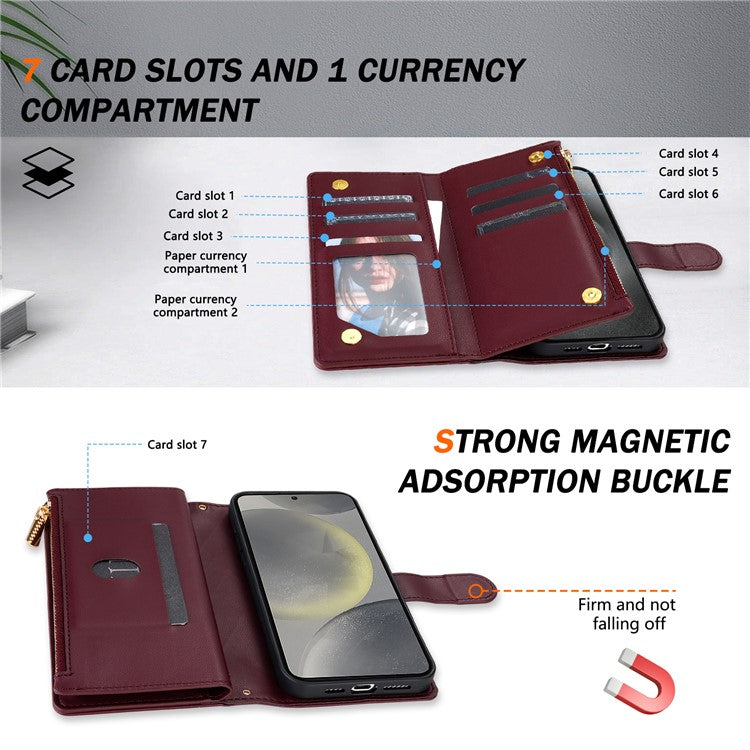 For Samsung Galaxy S25 Edge Case Rhombus Stitching Leather Wallet Phone Cover with Long  /  Short Strap - Wine Red