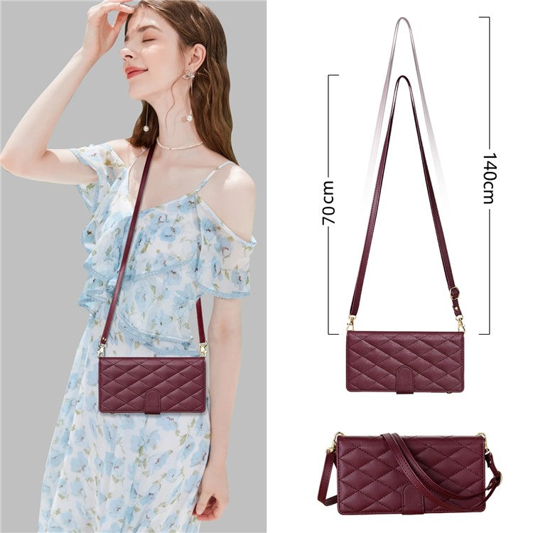 For Samsung Galaxy S25 Edge Case Rhombus Stitching Leather Wallet Phone Cover with Long  /  Short Strap - Wine Red