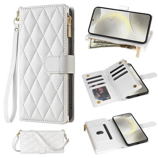 For Samsung Galaxy S25 Edge Case Rhombus Stitching Leather Wallet Phone Cover with Long  /  Short Strap - White