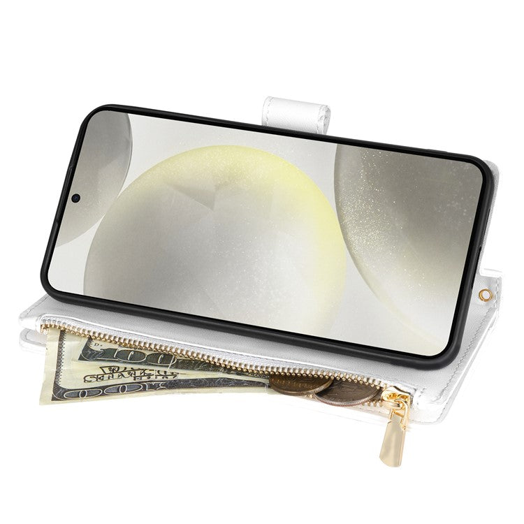 For Samsung Galaxy S25 Edge Case Rhombus Stitching Leather Wallet Phone Cover with Long  /  Short Strap - White