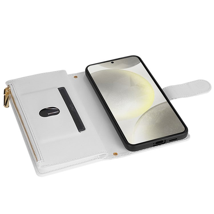 For Samsung Galaxy S25 Edge Case Rhombus Stitching Leather Wallet Phone Cover with Long  /  Short Strap - White
