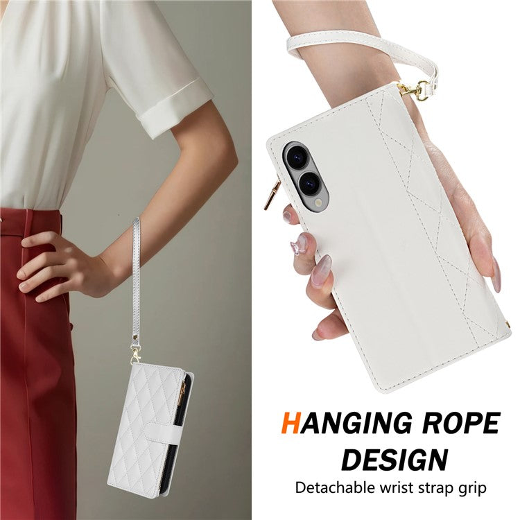 For Samsung Galaxy S25 Edge Case Rhombus Stitching Leather Wallet Phone Cover with Long  /  Short Strap - White