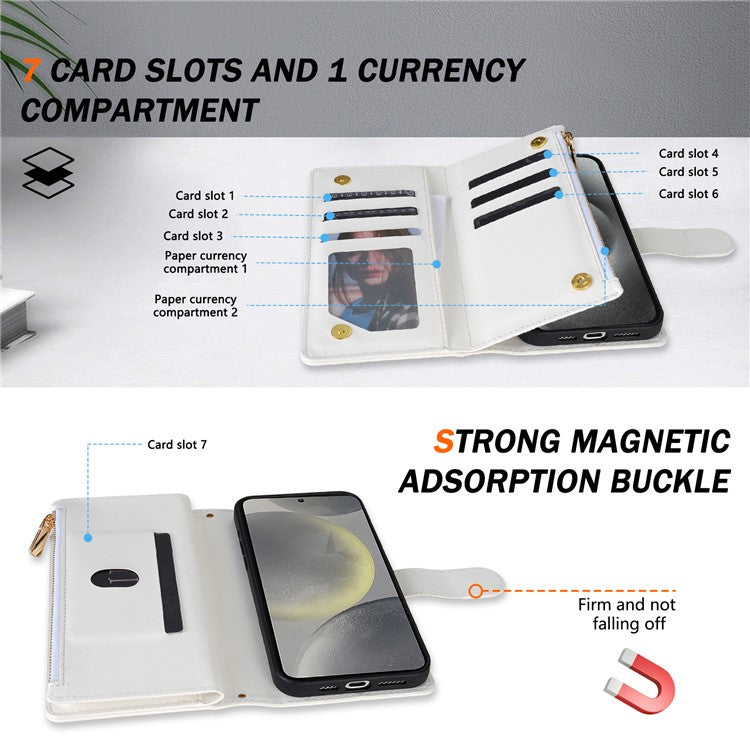 For Samsung Galaxy S25 Edge Case Rhombus Stitching Leather Wallet Phone Cover with Long  /  Short Strap - White