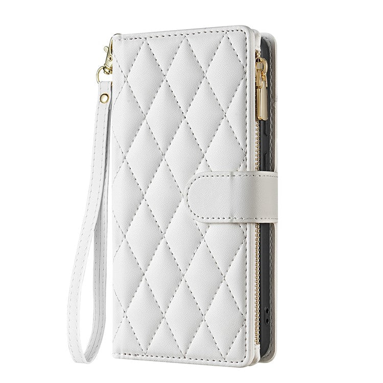 For Samsung Galaxy S25 Edge Case Rhombus Stitching Leather Wallet Phone Cover with Long  /  Short Strap - White