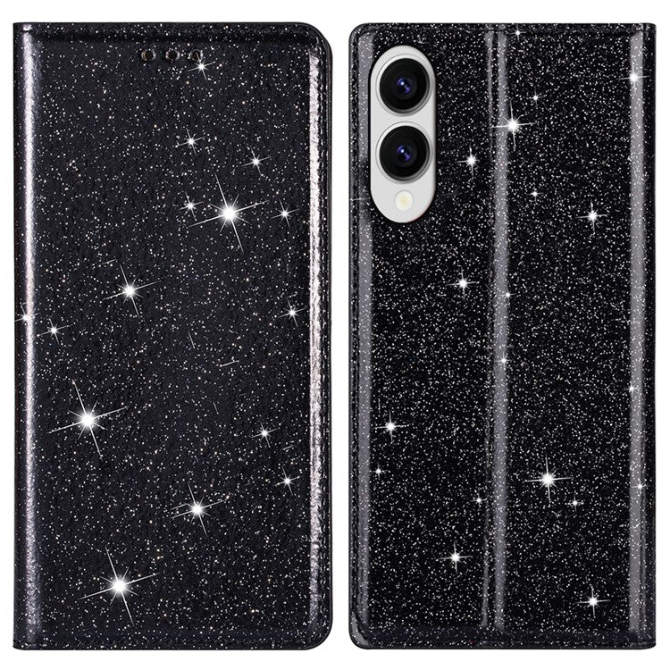For Samsung Galaxy S25 Edge Case Glittery PU Leather + TPU Card Slot Phone Cover - Black