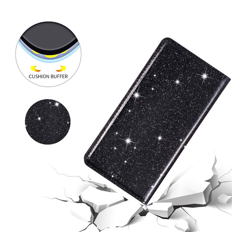 For Samsung Galaxy S25 Edge Case Glittery PU Leather + TPU Card Slot Phone Cover - Black