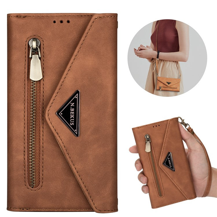 N.BEKUS For Samsung Galaxy S25 Edge Cases Skin-Touch Leather Wallet Phone Cover with Straps - Brown