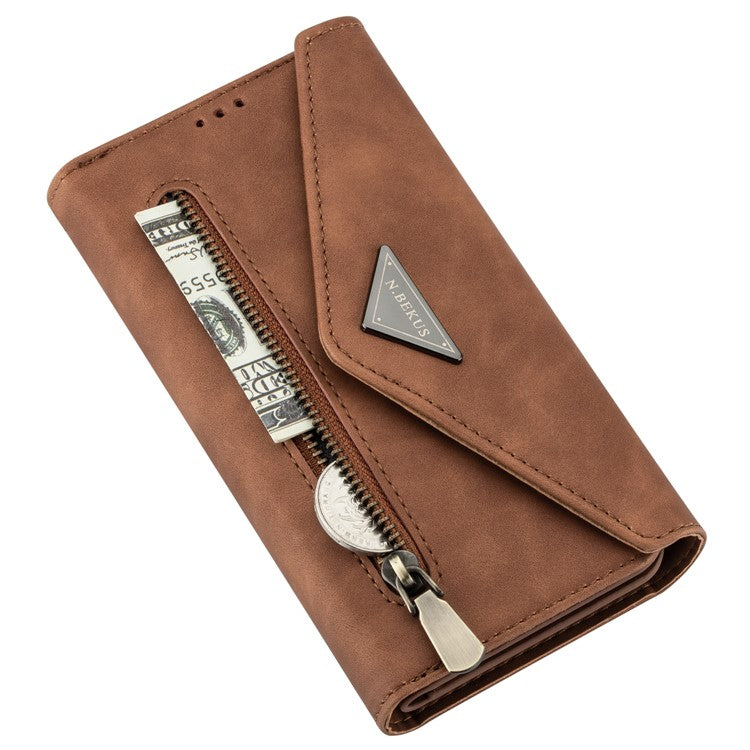N.BEKUS For Samsung Galaxy S25 Edge Cases Skin-Touch Leather Wallet Phone Cover with Straps - Brown