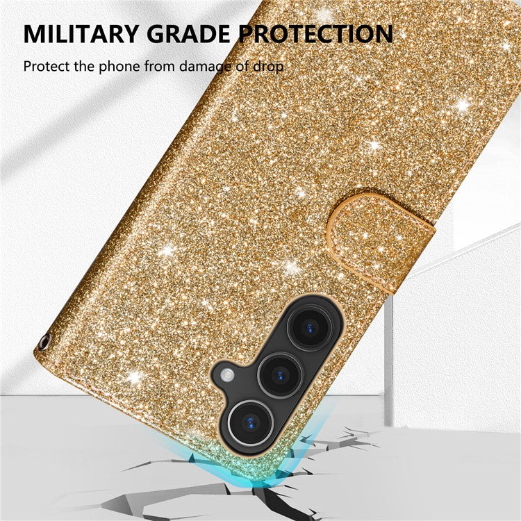 For Samsung Galaxy S25 Edge Stand Case Glitter Phone Leather Cover Zipper Pocket - Gold